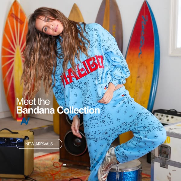 This image ad showcases the 'Bandana Collection' by Alo, featuring a light blue bandana print sweatshirt and swe