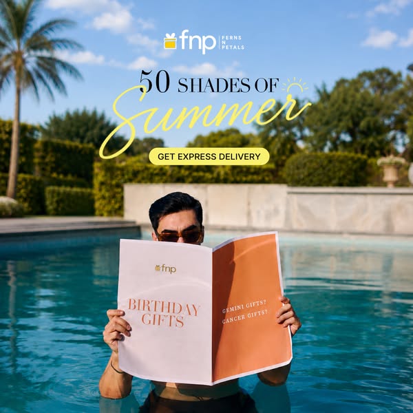 An image ad for Ferns N Petals featuring a man in a pool reading a catalog of birthday and zodiac-themed gifts. It empha