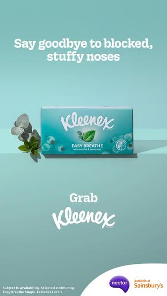 An ad for Kleenex Easy Breathe tissues that is designed to be visually calming and appealing to those looking for relief