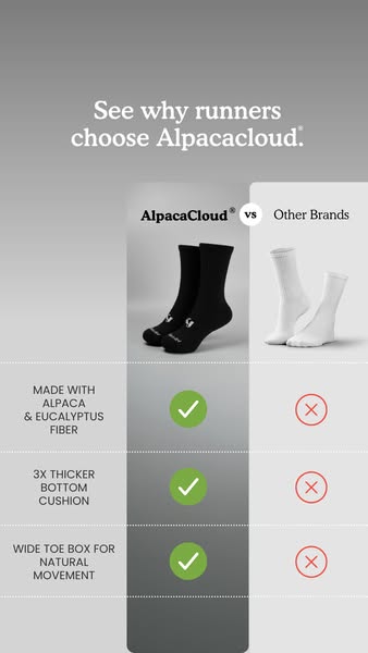 This ad compares Alpacacloud socks against competitor socks, focusing on material composition, cushion, and toe box spac