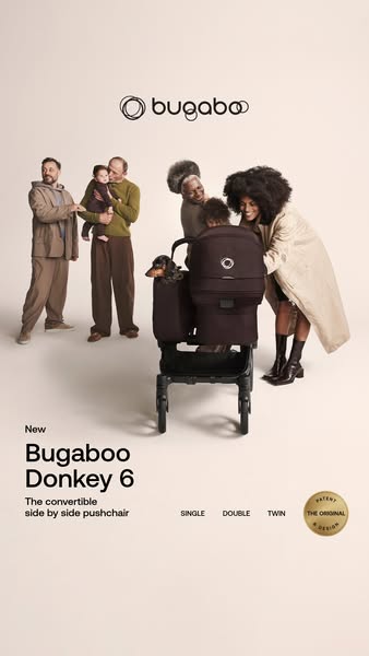 This image ad showcases the Bugaboo Donkey 6 convertible side-by-side pushchair, designed to adapt for single, double, o