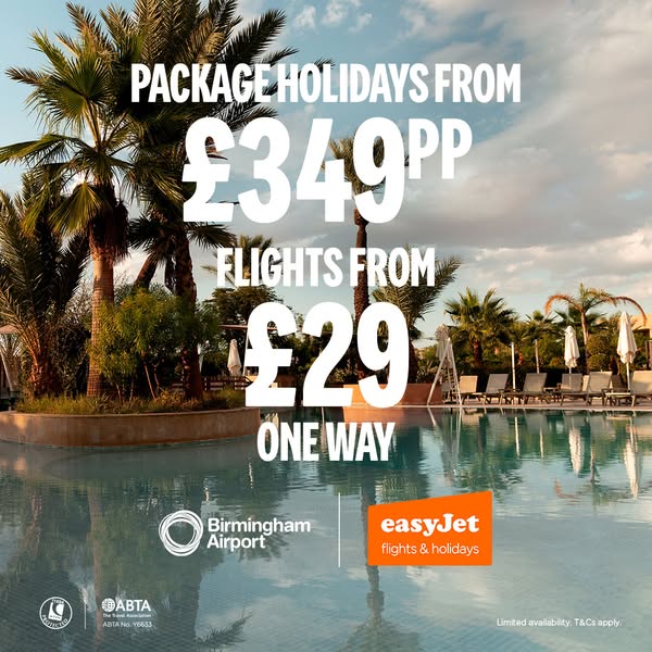This image ad by EasyJet Holidays promotes package holidays and flights from Birmingham Airport. It features a tropical 