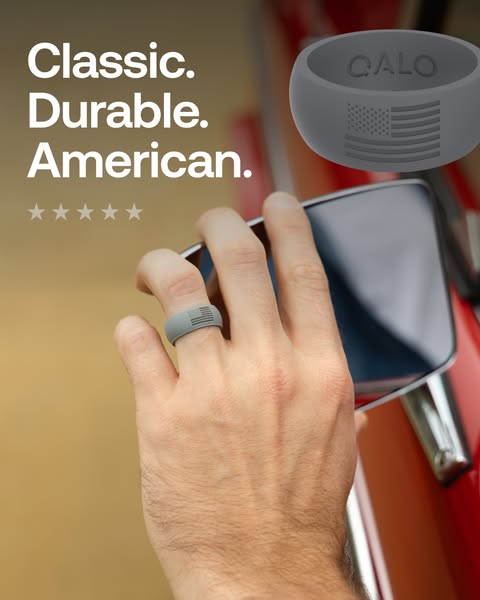 This image ad for Qalo features a man wearing one of their silicone rings with a US flag design. The ad emphasizes the r