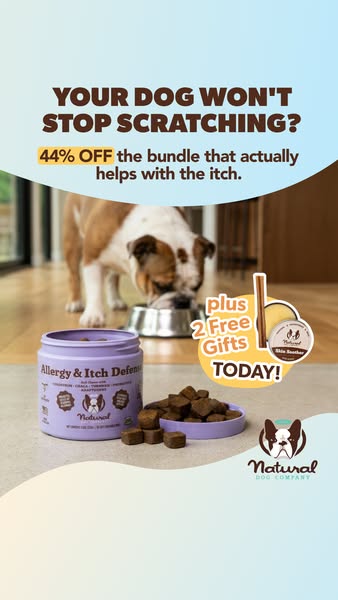 The ad features a jar of allergy and itch defense supplements for dogs from Natural Dog Company and promotes a 44% off d