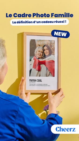 This image ad showcases Cheerz's custom family photo frame, emphasizing its appeal as a thoughtful and modern gift. 