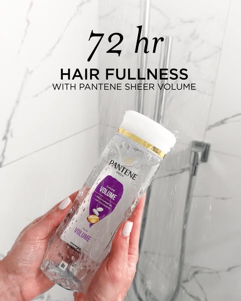 This image ad demonstrates Pantene Sheer Volume shampoo being used in a shower setting. The ad features the product, pro