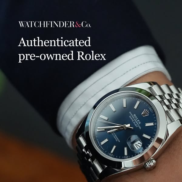 This image ad showcases a pre-owned Rolex watch. The ad seeks to build trust and credibility by authenticating the watch