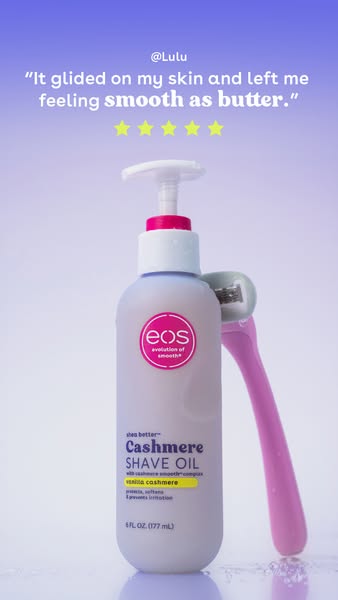 This ad features a testimonial from a customer about the EOS Cashmere Shave Oil. The ad shows the product bottle next to
