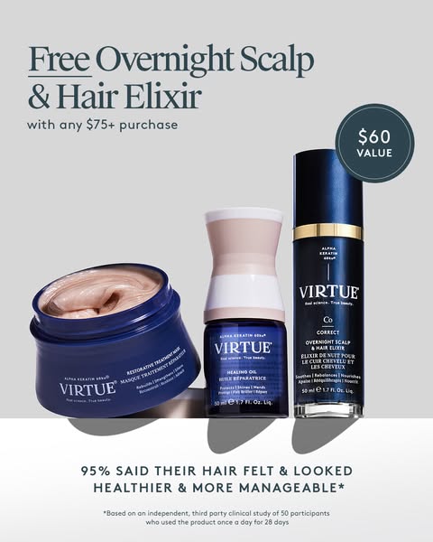 This ad showcases Virtue hair products and promotes an offer of a free overnight scalp and hair elixir with any purchase