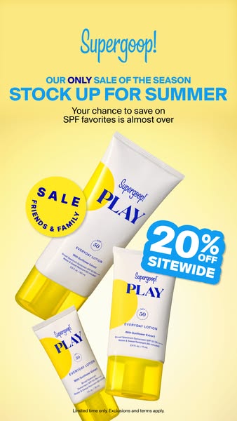 This ad promotes Supergoop!'s sale on SPF favorites, offering a 20% sitewide discount to encourage viewers to stock 