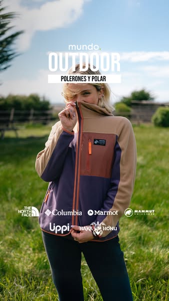This ad promotes Mundo Outdoor's selection of Polerones y Polar (pullovers and fleece). The ad features a woman in a
