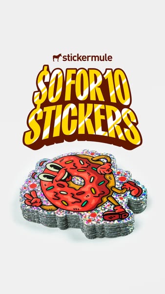 The ad features a stack of custom stickers in the shape of a cartoon donut character, and it promotes the offer of 10 cu