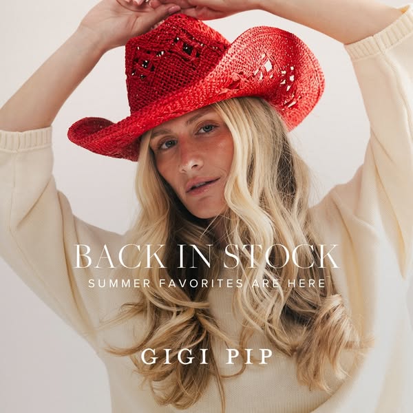 This Gigi Pip ad features a model wearing the brand's red cowboy hat and promotes the brand as well as the fact that