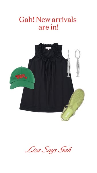 This ad showcases a flatlay of new apparel and accessory arrivals from Lisa Says Gah, which includes a black mini dress,