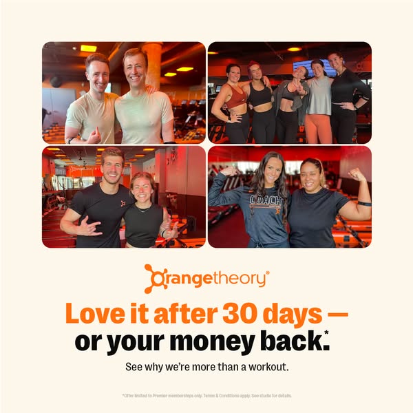 This ad for Orangetheory promotes a money-back guarantee if you don't love it after 30 days. The ad also highlights 
