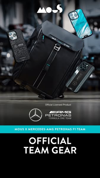 This ad promotes Mous phone cases and a backpack in collaboration with Mercedes-AMG Petronas F1 Team. The ad features th