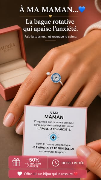 This ad promotes a rotating ring from Aurea Bijoux designed to alleviate anxiety. The ad features a close-up of the ring