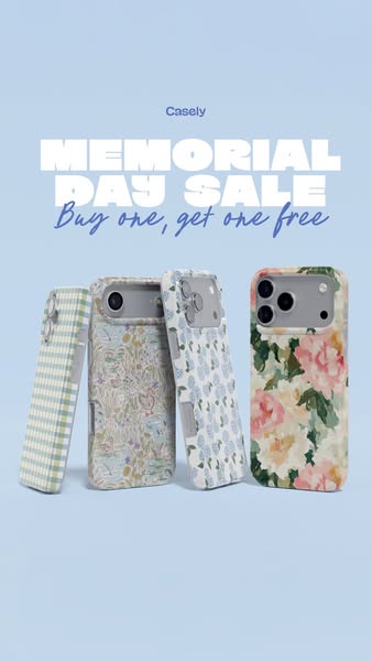 This ad for Casely promotes a 'buy one, get one free' sale for Memorial Day on phone cases. The image features f