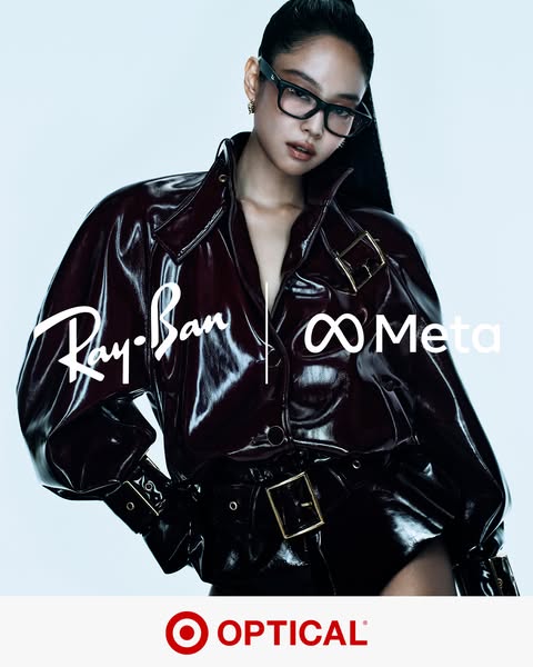 This image ad features a model wearing Ray-Ban Meta glasses paired with a shiny black outfit. The ad is promoting Ray-Ba