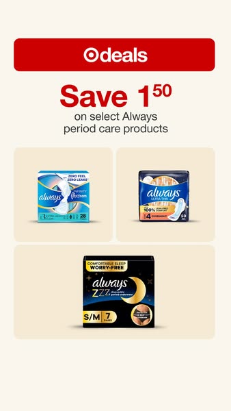 A promotional image ad from Target (Odeals) is showcasing Always period care products. The ad highlights a discount of $