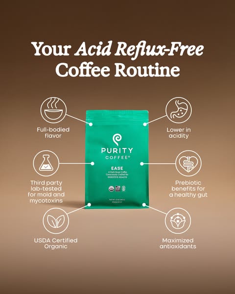 This ad promotes Purity Coffee's Ease blend, highlighting its full-bodied flavor and health benefits for people look