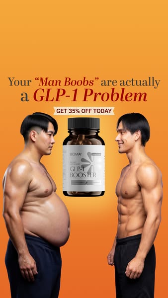This image ad is for Bioma's GLP-1 Booster. The ad shows a before and after picture of a man who is out of shape, an