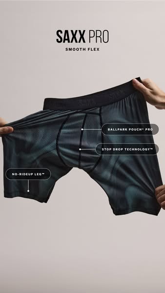 This image showcases a pair of SAXX Pro underwear, highlighting the brand's key features such as the BallPark Pouch 