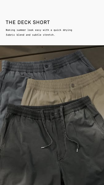 This ad showcases a neatly stacked trio of "The Deck Short", highlighting its quick-drying fabric and subtle s