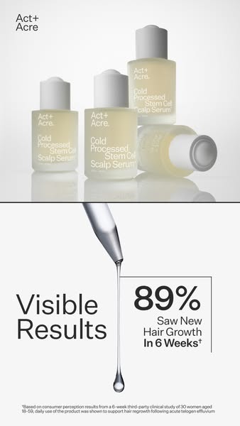 This image ad for Act+Acre promotes their Cold Processed Stem Cell Scalp Serum and the visible hair growth results from 