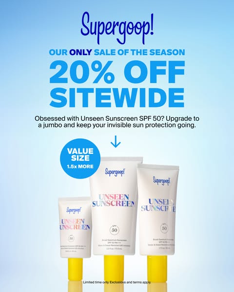 This image ad from Supergoop! promotes their Unseen Sunscreen SPF 50 and advertises 20% off sitewide during their only s