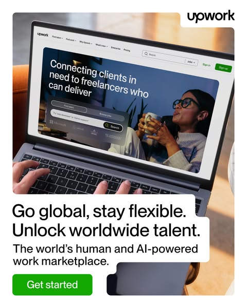 This Upwork ad shows a woman using her laptop with the Upwork website on it. The text highlights Upwork's global rea
