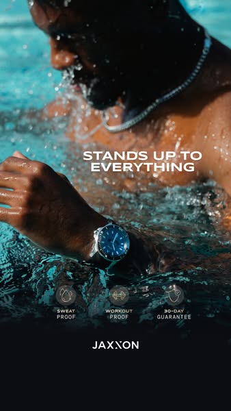 This image ad for JAXXON watches shows a man in a pool wearing one of the brand's watches and highlights its durabil