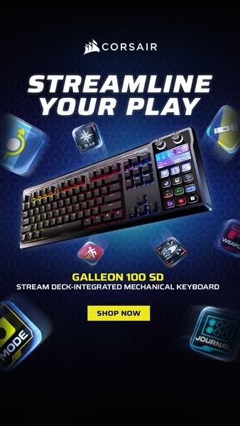 This ad showcases the Corsair Galleon 100 SD Stream Deck-Integrated Mechanical Keyboard, emphasizing its integration wit
