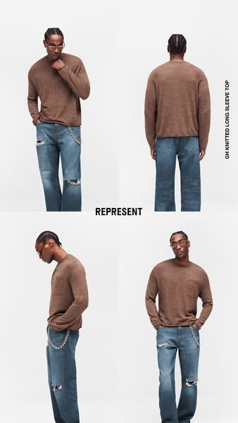 This Meta image ad features a grid of four product shots showcasing a model wearing a knit long sleeve top and distresse