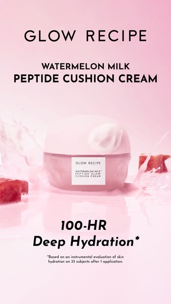 This ad for Glow Recipe's Watermelon Milk Peptide Cushion Cream highlights the brand name and product name at the to
