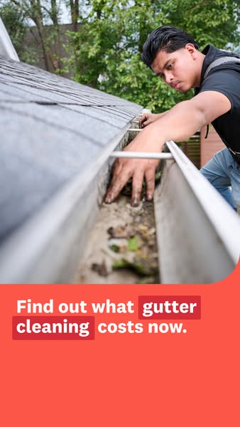 An image ad showing a man cleaning out a dirty gutter, advertising gutter cleaning services.