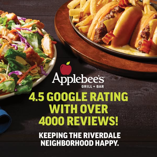 This Applebee's ad features a salad on the left and a burger with fries on the right, promoting the restaurant chain