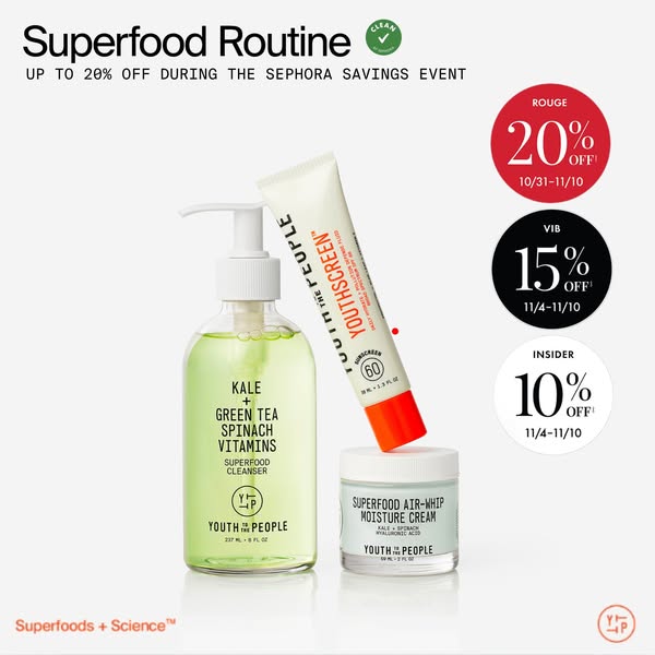 This image ad for Youth To The People promotes a superfood skincare routine and offers a discount during the Sephora Sav
