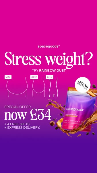 Ad for Spacegoods Rainbow Dust. The ad questions if the viewer has 'stress weight' and promotes that the product