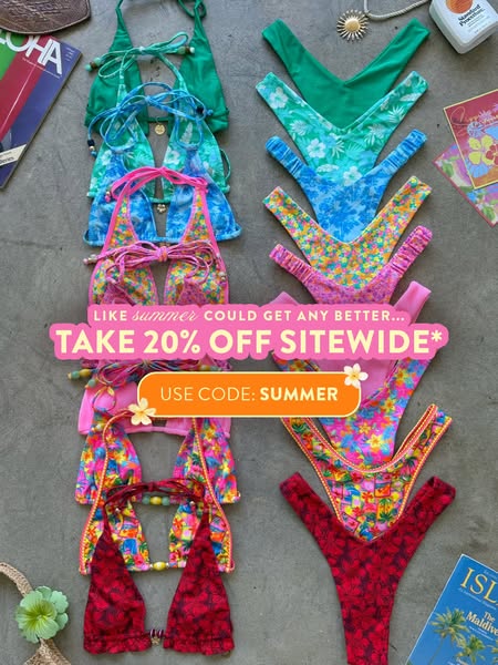 The ad is promoting a 20% off sitewide sale for a brand of swimwear. Several different styles of bikinis are displayed, 