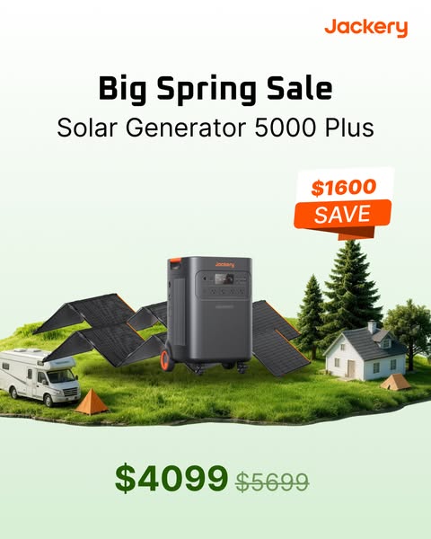 This image ad promotes the Jackery Solar Generator 5000 Plus. The ad features the product prominently in a natural outdo