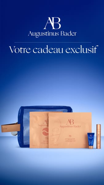This ad showcases a collection of Augustinus Bader products, including face masks, a cream, and a serum, presented as an