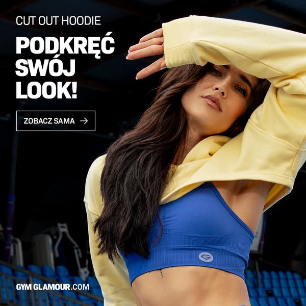 This ad showcases a woman wearing a yellow hoodie and blue sports bra from Gym Glamour. The ad encourages viewers to che