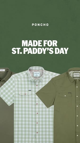 This image ad for Poncho features three different styles of men's button-down shirts in shades of green, perfect for