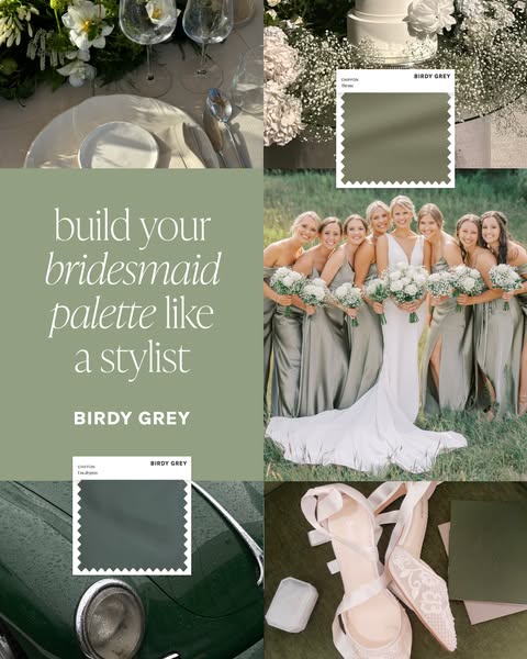 This ad for Birdy Grey uses a mood board aesthetic to inspire brides and bridesmaids in planning their wedding color pal
