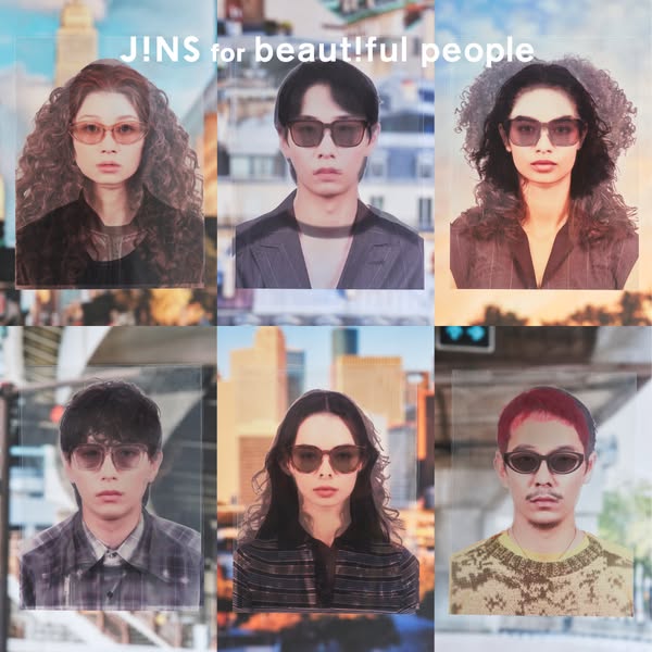 This image ad features six diverse faces wearing JINS eyewear against blurred city backgrounds. The tagline "J!NS f
