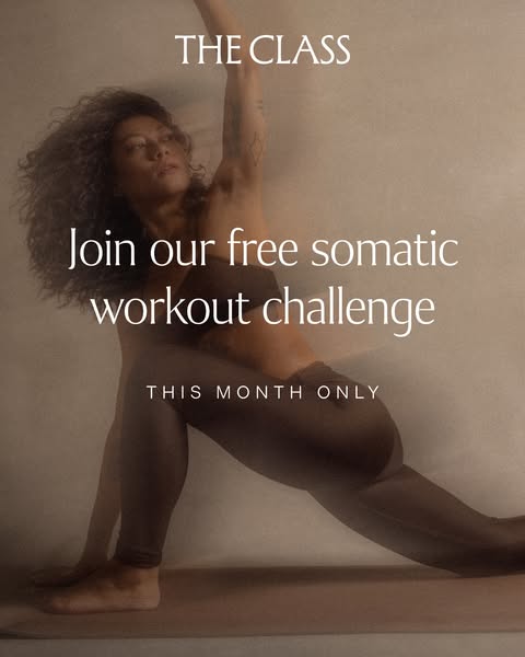 This ad promotes a free somatic workout challenge from The Class, featuring an image of a woman in a yoga pose.