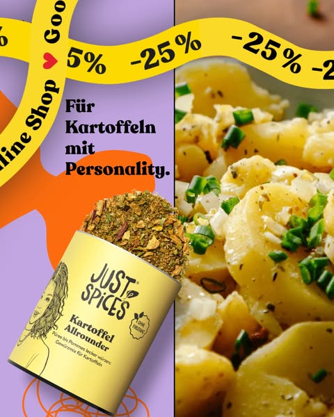 The image is an ad for Just Spices potato seasoning. It showcases the product next to a close-up of potato salad. The ad