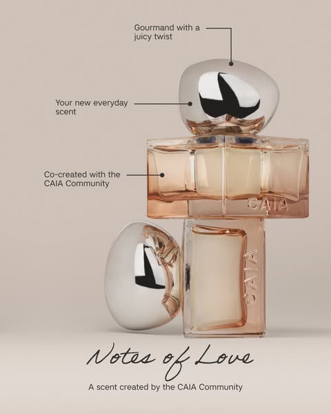 This ad showcases the CAIA "Notes of Love" perfume, emphasizing its gourmand scent with a juicy twist and its 