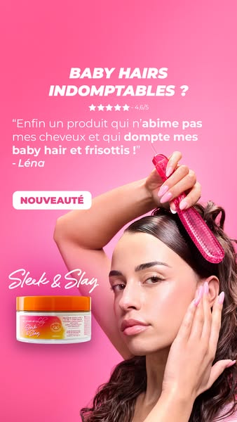 The ad promotes a hair product for managing baby hairs and frizz, using a customer testimonial and a demonstration of th